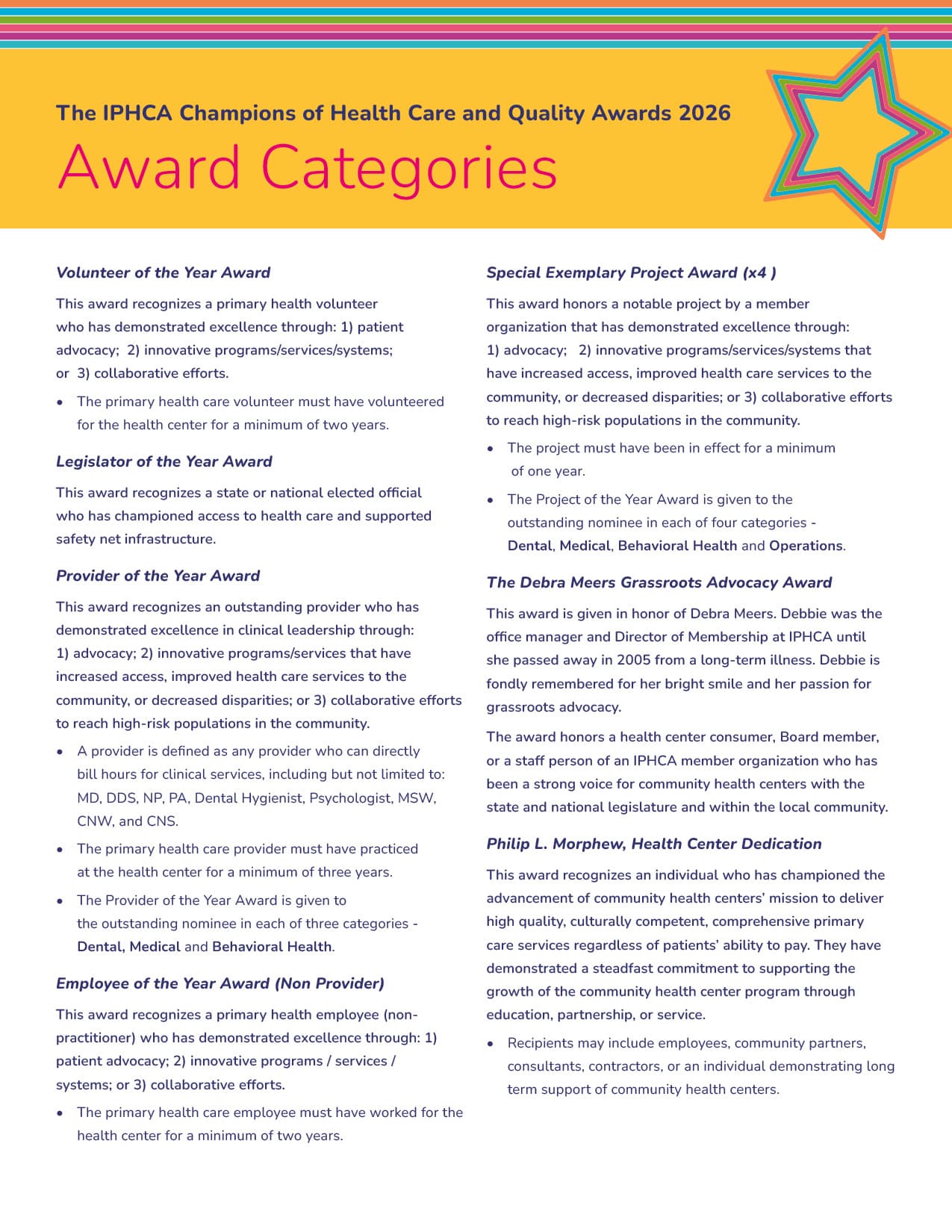 IPHCA Champions of Healthcare and Quality Awards Categories 2026