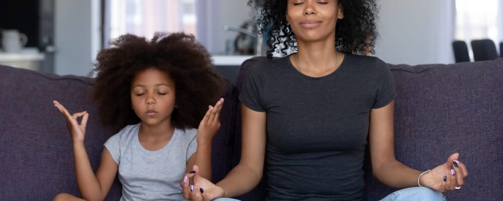 Mindful,African,Mom,With,Cute,Funny,Kid,Daughter,Doing,Yoga